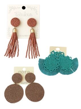 Set of 3 Beaded Statement Earrings Tassel & Disc Boho